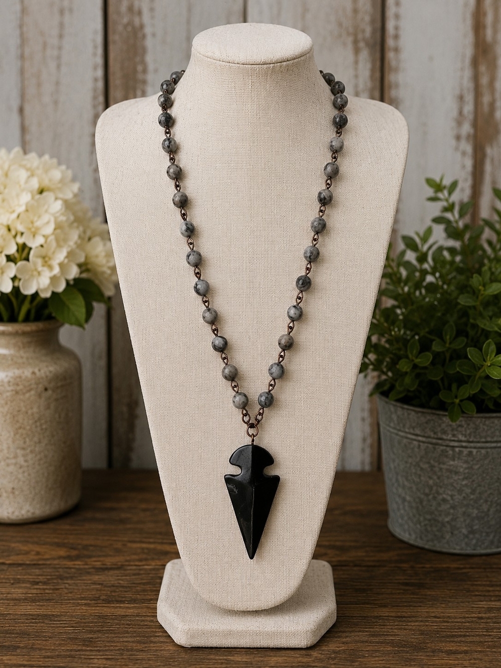 Black Arrowhead Pendant Bead Chain Necklace - Women Jewelry
